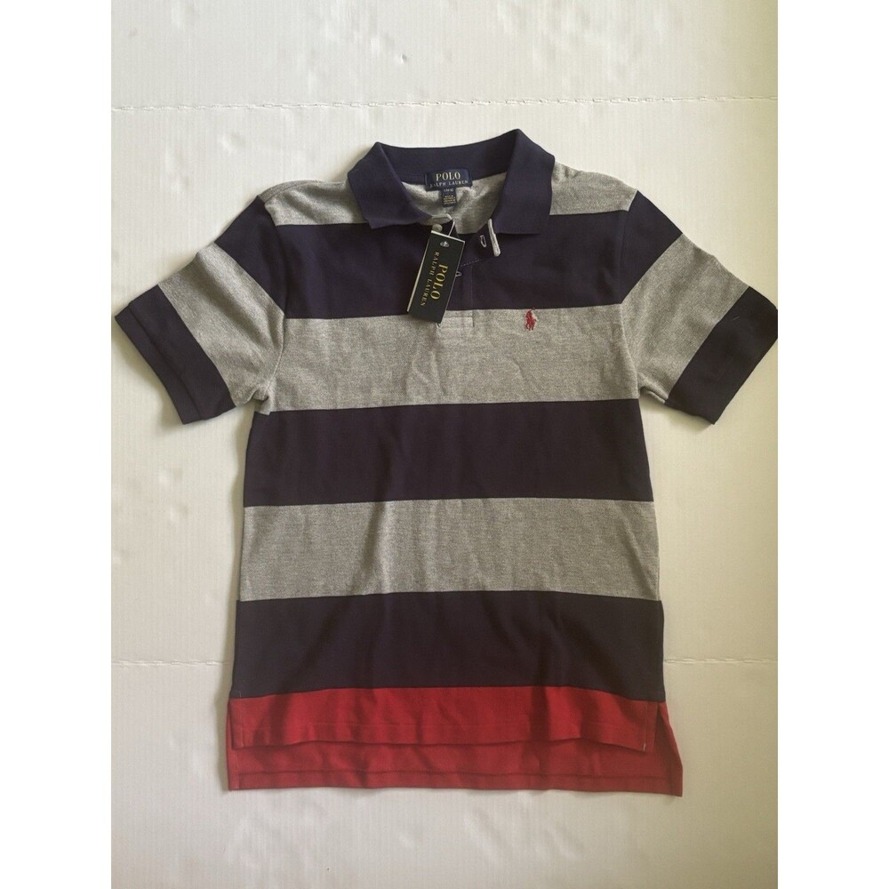 Polo Ralph Lauren Boys Striped Short Sleeve Polo Shirt Navy/Gray/Red L 14-16 NWT